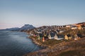 Nuuk capital of Greenland with Beautiful small colorful houses in myggedalen during Sunset Sunrise Midnight Sun