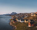 Nuuk capital of Greenland with Beautiful small colorful houses in myggedalen during Sunset Sunrise Midnight Sun