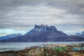 Nuuk city suburb colorful landscape, and Sermitsiaq mountain Royalty Free Stock Photo