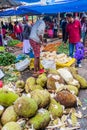 NUWARA ELIYA, SRI LANKA - JULY 17, 2016: Jackfruit seller at the produce market in Nuwara Eliya tow Royalty Free Stock Photo