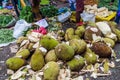 NUWARA ELIYA, SRI LANKA - JULY 17, 2016: Pile of jackfruits at the produce market in Nuwara Eliya tow Royalty Free Stock Photo