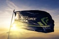 NVIDIA GEFORCE GTX logo black background flag textile cloth fabric waving on the top sunrise mist fog