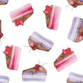 Watercolor pattern of a piece of cake with strawberries and cherries on a white background.