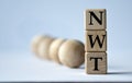 NWT - acronym on a wooden block on a white background with wooden balls