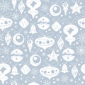 Merry Christmas seamless pattern design with different fir tree toys and balls, snowflakes and stars isolated. Royalty Free Stock Photo