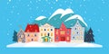 Beautiful winter snowy city with cozy houses in mountains landscape isolated design. Royalty Free Stock Photo