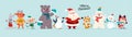 Christmas banner with cute happy winter characters. Santa Claus, elf, snowman, penguin, fox, tiger, deer, polar bear isolated. Royalty Free Stock Photo