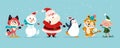 Christmas banner with cute happy winter characters. Santa Claus, elf, snowman, penguin, fox, tiger isolated.