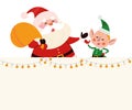 Christmas banner with cute happy winter characters. Santa Claus with gifts bag, elf wave greeting. Royalty Free Stock Photo