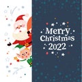 Christmas banner with cute happy winter Santa Claus, elf character, gifts and text Merry Christmas greeting on dark background. Royalty Free Stock Photo
