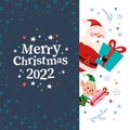 Christmas banner with cute happy winter Santa Claus, elf character, gifts and text Merry Christmas greeting on dark background. Royalty Free Stock Photo