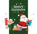 Christmas banner with cute happy winter Santa Claus, elf character, gifts and text Merry Christmas greeting on green background. Royalty Free Stock Photo