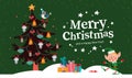 Christmas banner with cute happy winter Santa elf character, decorated fir tree, pile of gifts and text Merry Christmas greeting. Royalty Free Stock Photo