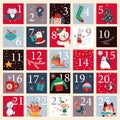 Christmas december advent calendar with numbered parts and cute winter Santa Claus, xmas elf, animals characters for cut down. V Royalty Free Stock Photo