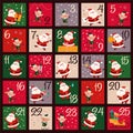 Christmas december advent calendar with numbered parts and cute winter Santa Claus and xmas elf characters for cut down. Royalty Free Stock Photo