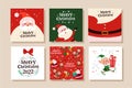 Collection of Merry Christmas congratulation cards with Santa Claus and elf character, xmas pattern and text congratulation.