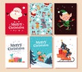 Collection of Merry Christmas congratulation cards with Santa Claus, elves characters sledding, gifts and pattern.