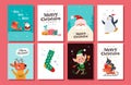 Collection of Merry Christmas congratulation cards with Santa Claus, reindeer, penguin, elf character, xmas stocking, sleigh full