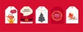 Collection of Merry Christmas congratulation tags and stickers with cute reindeer character, santa beard and costume, xmas tree an