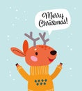 Cute animal reindeer in winter scarf, Merry Christmas congratulation in text bubble isolated.