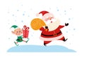 Funny cute Santa Claus character with bag full of presents and elf with gift box walk isolated.