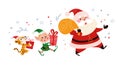 Funny cute Santa Claus character with bag full of presents, tiger and elf with gift box walk isolated.