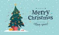 Merry Christmas and Happy New year congratulation card with text congratulation and pile of gifts and candy at decorated fir tree. Royalty Free Stock Photo