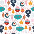 Seamless pattern with different fir tree decoration toys, bells and balls, abstract snowflakes and stars isolated. Royalty Free Stock Photo