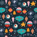 Seamless pattern with different fir tree decoration toys, bells and balls, abstract snowflakes and stars isolated. Royalty Free Stock Photo