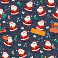 Seamless pattern with funny different Santa Claus characters with gifts, stocking, presents bag, sleigh. Royalty Free Stock Photo