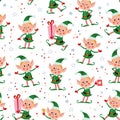 Seamless pattern with funny santa elves characters in hats with gift box, ring bell, hot chocolate cup. Royalty Free Stock Photo