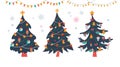 Set of different Christmas fir trees decorated with ornate decor elements, toys balls, bells and garlands isolated. Royalty Free Stock Photo