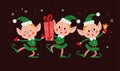 Set of different cute little Santa elves characters with gift box, ring bell, dance isolated. Royalty Free Stock Photo