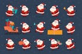 Set of funny Santa Claus characters carry gift box, presents bag and Christmas stocking, ring bell, wink, jump isolated.