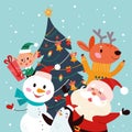 Vector Merry Christmas flat cartoon illustration with funny Santa Claus, snowman, elf characters, penguin and reindeer at decorate Royalty Free Stock Photo