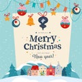 Winter holiday banner with cozy village at snowy mountain forest landscape and garlands, fir tree toys hang. Royalty Free Stock Photo