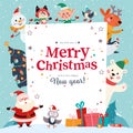 Winter holiday illustration with cute animals, Santa Claus, elf character, fir tree, text congratulation at snowy landscape Royalty Free Stock Photo