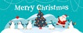 Winter holiday illustration with cute different penguin characters, Santa Claus, decorated xmas fir tree on snowy mountain landsca Royalty Free Stock Photo