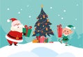 Winter holiday illustration with cute Santa Claus and elf  characters at decorated xmas fir tree on snowy mountain landscape. Royalty Free Stock Photo