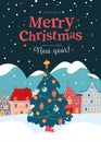 Winter holiday illustration with decorated xmas fir tree, cozy night village houses on snowy mountain landscape. Royalty Free Stock Photo