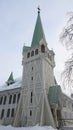 Nya kyrka church tower in Jokkmokk in winter in Swedish Lapland Royalty Free Stock Photo