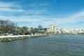 Nyack, NY / United States - March 14, 2020: Wide angle view of the shoreline at Nyack`s Memorial Park