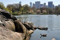 NYC: Central Park Boating Lake & Midtown Skyline Royalty Free Stock Photo