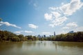 NYC Central Park lake skyline reflection up Royalty Free Stock Photo