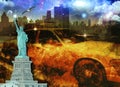 NYC Composition. Yellow cab and Statue of Liberty Royalty Free Stock Photo