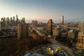 NYC from drone. Brooklyn Midtown skyline at dusk over Hudson River, NYC. Aerial Brooklyn Bridge in NYC. Top view of Royalty Free Stock Photo