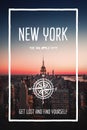 NYC, New York, United States, the big apple city. Trendy travel design, inspirational text art, cityscape sunset skyline