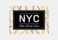 NYC slogan typography on gold chain pattern background. Fashion t-shirt design. Girls tee shirt trendy print