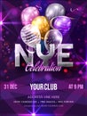 NYE Celebration Invitation, Template or Flyer Design with Balloons and Event Details on Purple Bokeh Light Background