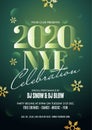 2020 NYE Celebration Template or Flyer Design with Golden Snowflakes Decorated on Green Glossy Circle.